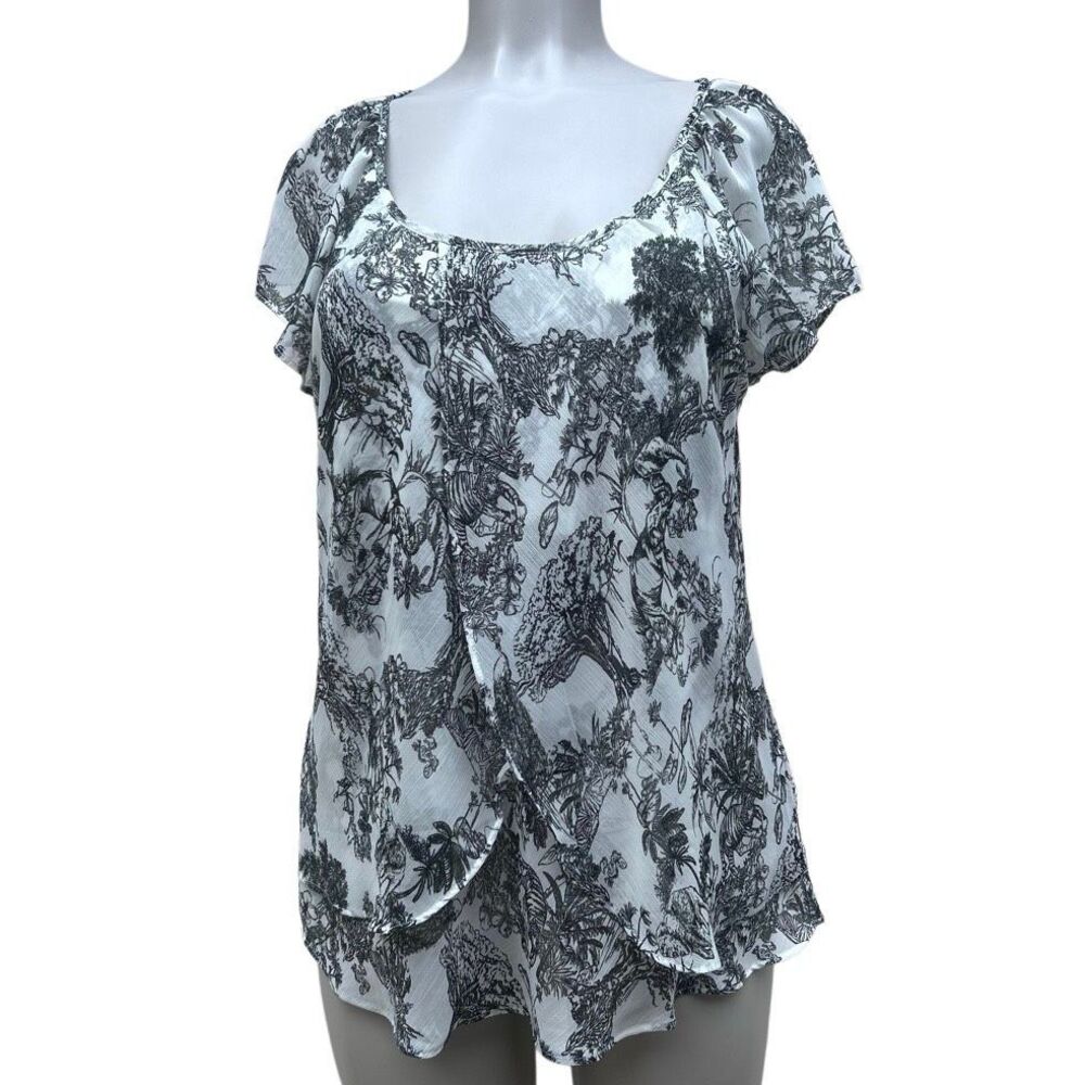 Tamara H Layered Blouse Women's Large Black & White Toile Print Flutter Sleeve